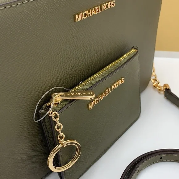 MICHAEL KORS LARGE EAST WEST CROSSBODY & Top Zip Coinpouch With ID Card OLIVE - Picture 8 of 16